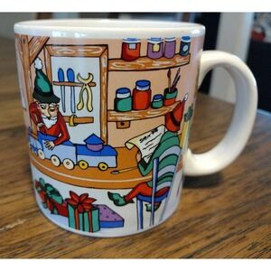 Sakura Christmas Mug 1994 Stoneware Sue Zipkin Elves in Toy Shop Presents *READ*